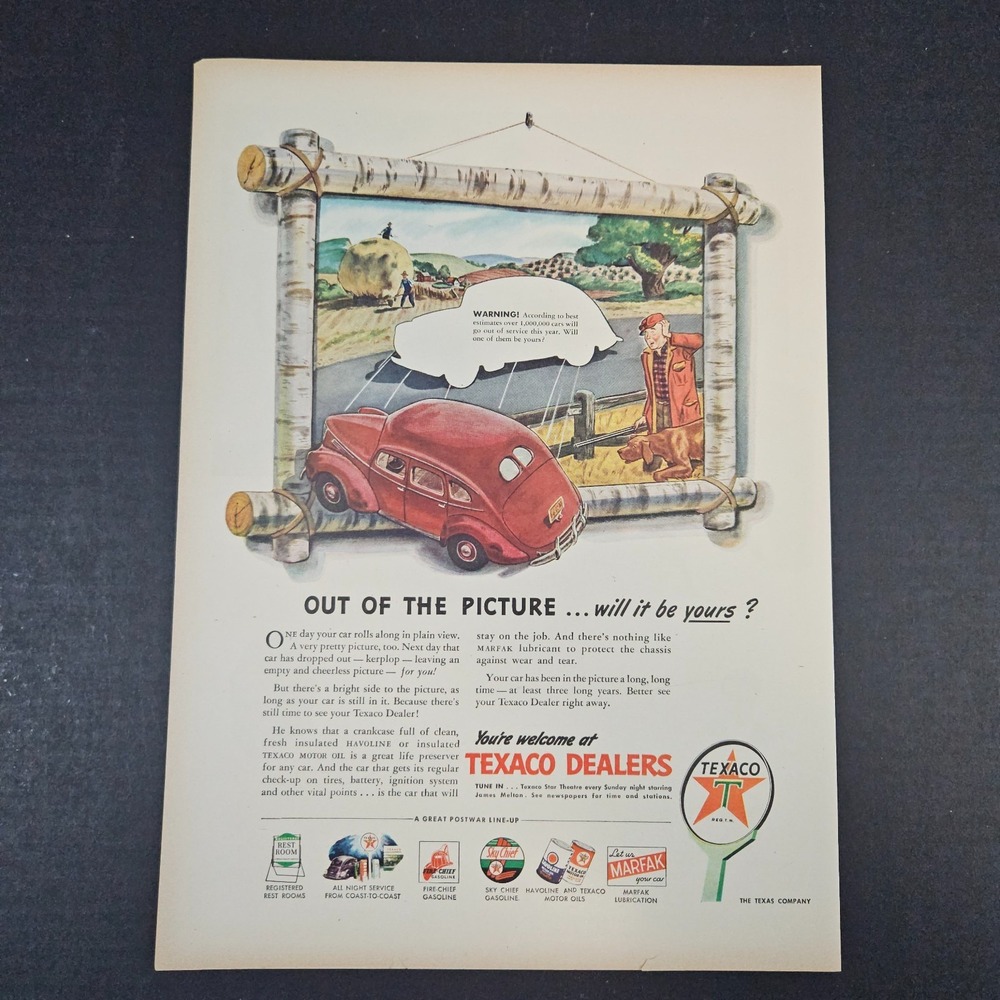 1945 Texaco Havoline Motor Oil Fire Sky Chief Gasoline Marfak Vintage Print Ad